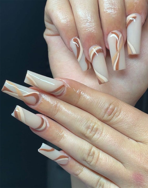 28 Trendy Brown Nail Designs 2021 : Swirl Brown Nail Design