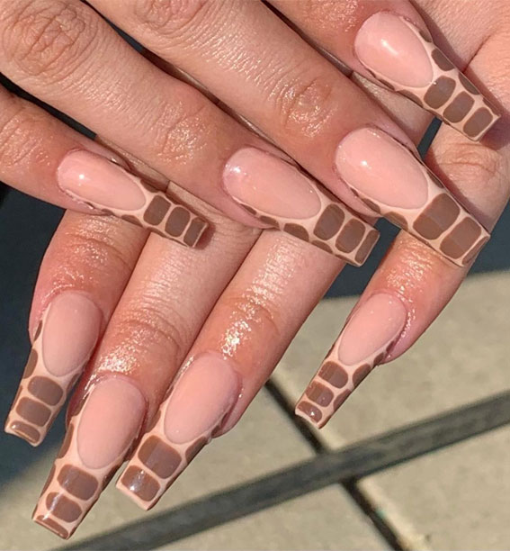 25 Cute Ways To Wear Animal Print Nails 2021 : Brown Croc French Tip Nails