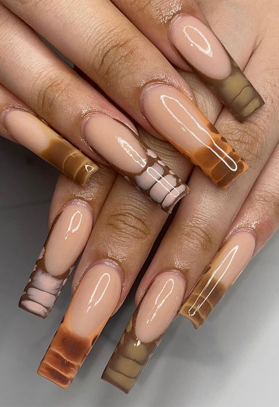 25 Cute Ways To Wear Animal Print Nails 2021 : Brown Crocodile French Tip Nails