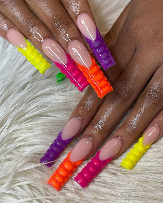 25 Cute Ways To Wear Animal Print Nails 2021 : Colourful Neon Croc French Tip Nails