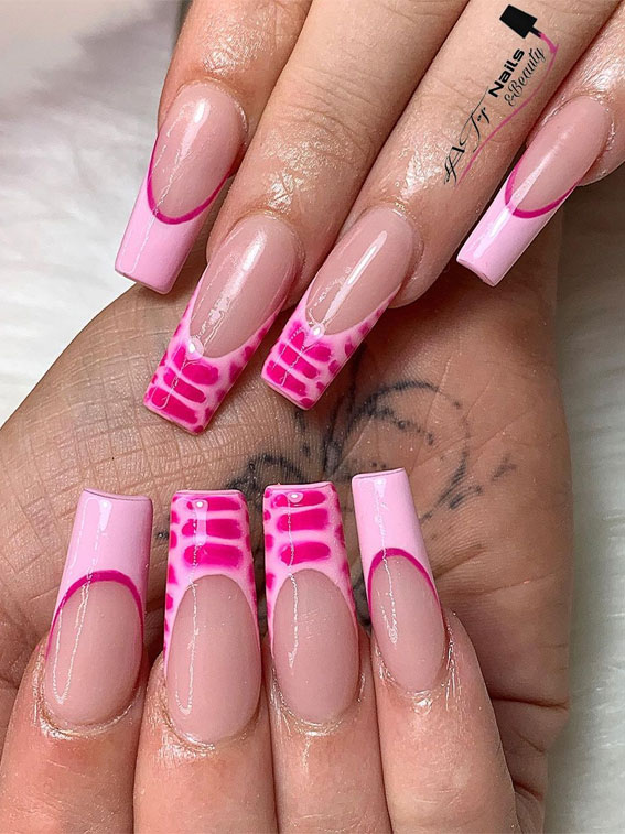 25 Cute Ways To Wear Animal Print Nails 2021 : Pink French Tip & Crocodile Skin Nails