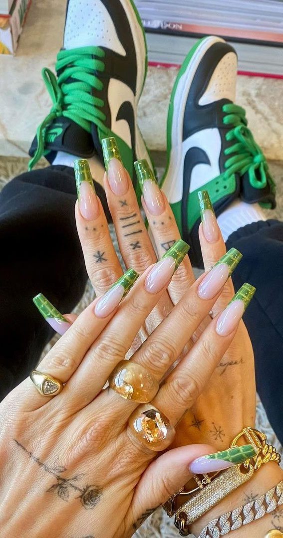 25 Cute Ways To Wear Animal Print Nails 2021 : Green Croc French Tip Nails