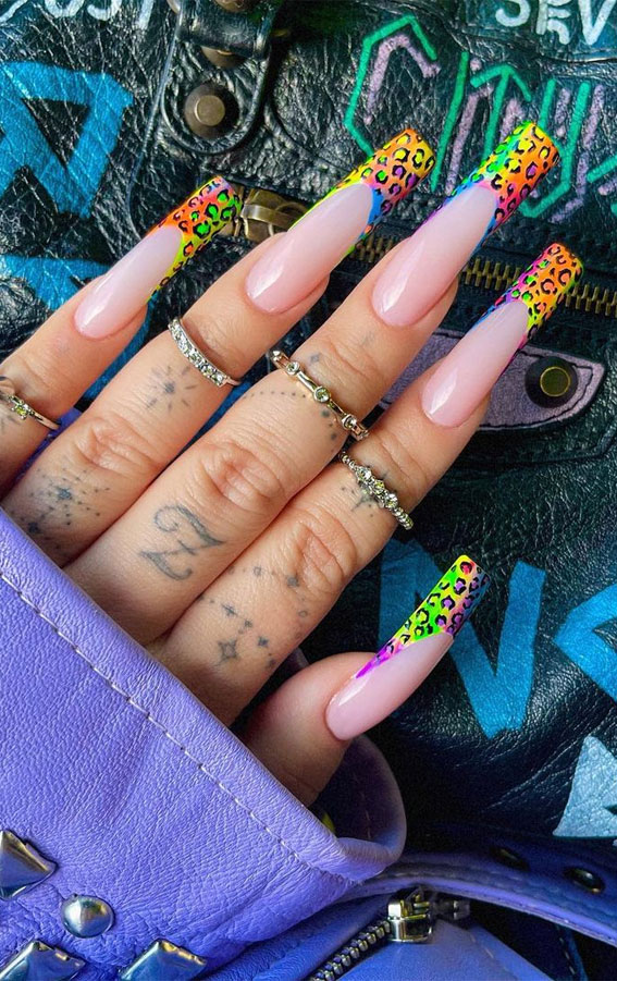 25 Cute Ways To Wear Animal Print Nails 2021 : Colourful Leopard Print Nails