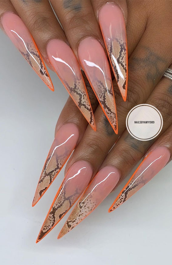 25 Cute Ways To Wear Animal Print Nails 2021 : Snakeskin Orange Outline Stiletto Nails