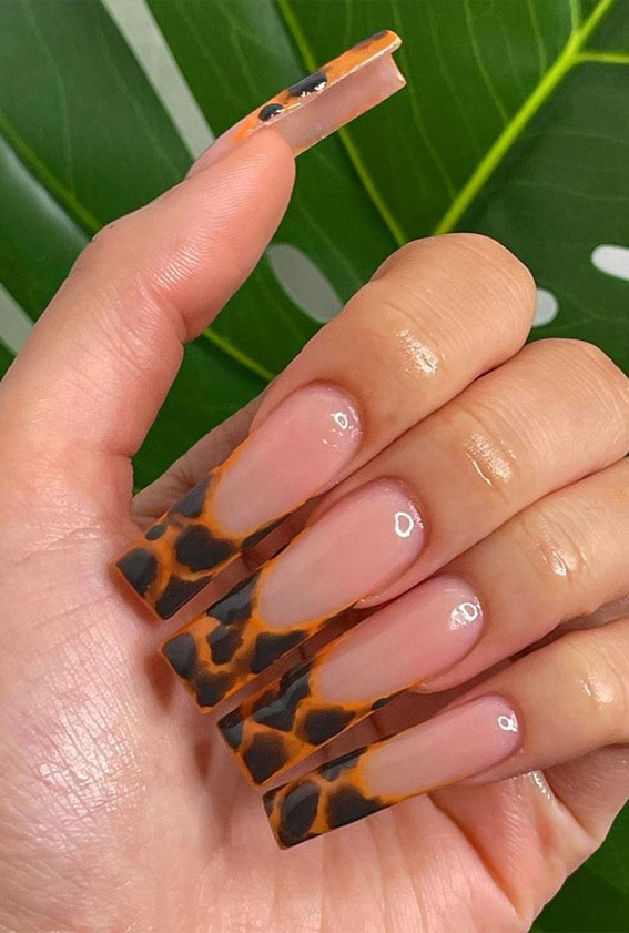 25 Cute Ways To Wear Animal Print Nails 2021 : Tortoiseshell French Tip Nails