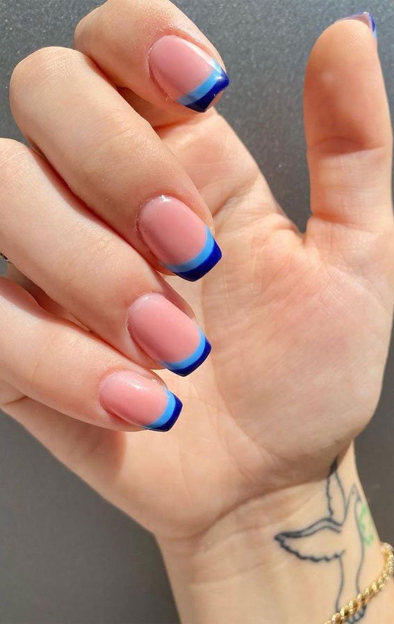 20 Autumn French Nails 2021 To Inspire You : Shades of Blue Double French Tip Nails