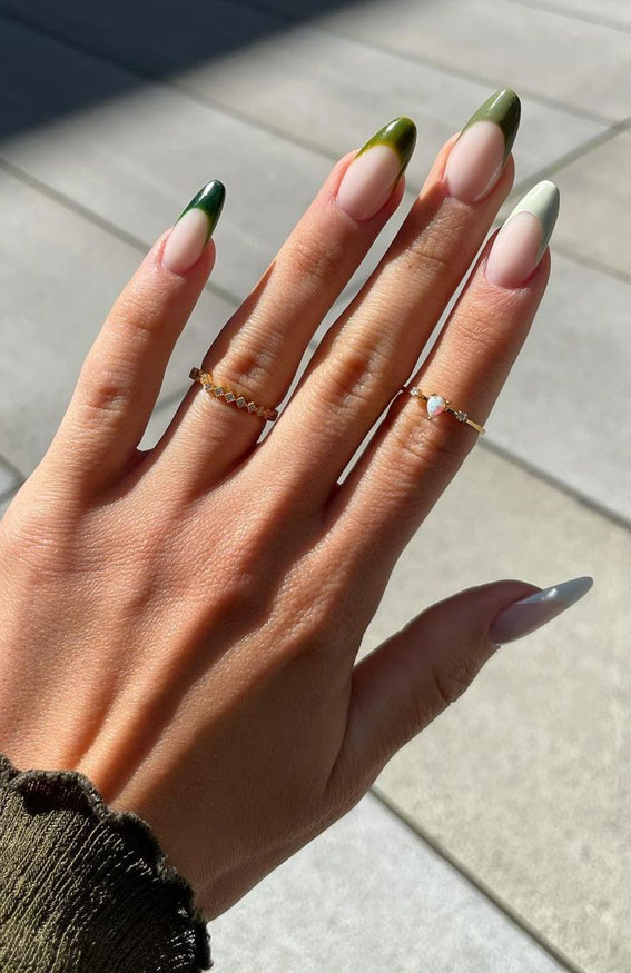 20 Autumn French Nails 2021 To Inspire You : Green Autumn French Nails