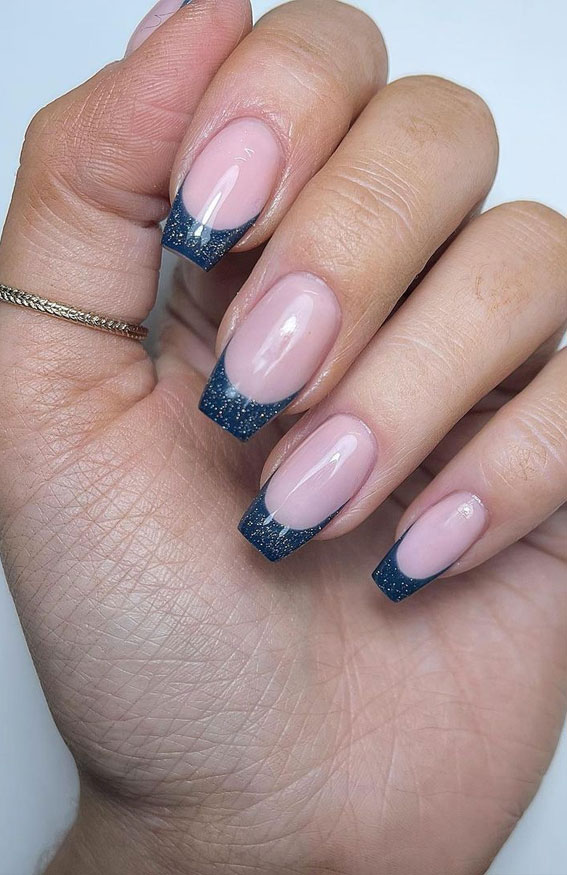 20 Autumn French Nails 2021 To Inspire You : Shimmery Dark Blue French Nails