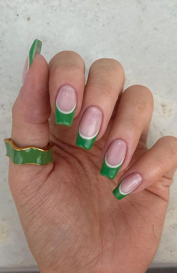 green and white french tip nails, autumn nails 2021, fall nail designs 2021, french tip nails, autumn french nails 2021, fall french nail colors 2021, fall acrylic nails, september nails, fall nail designs, french nails 2021 autumn, color french tip nails