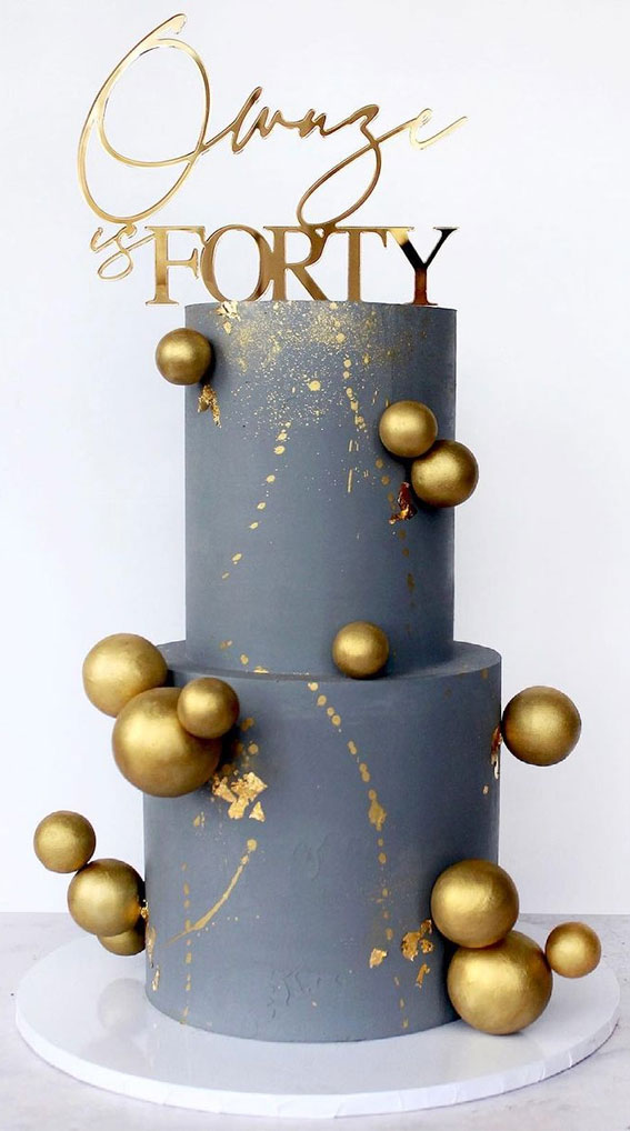 30 Pretty Cake Ideas To Inspire You : Two-Tiered Grey Cake with Gold Accents