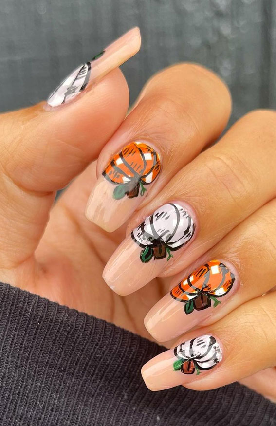 35 October Nail Art Designs : Orange and White Pumpkin Halloween Nails