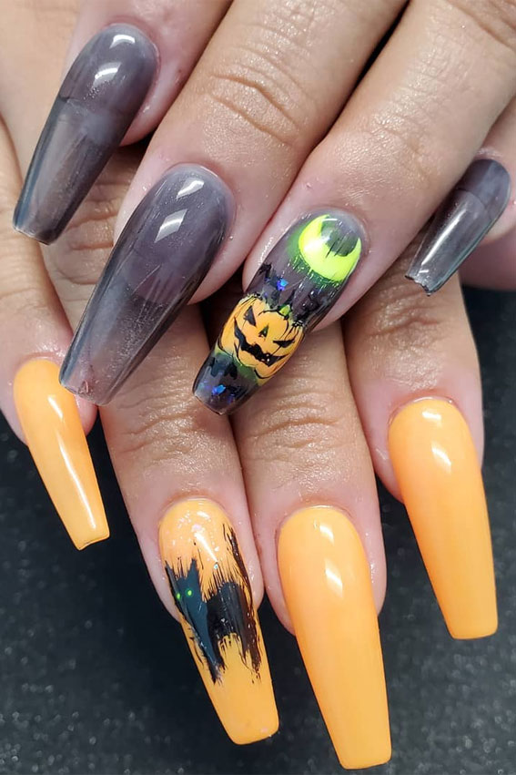 35 October Nail Art Designs : Black Translucent and Orange Halloween Nails