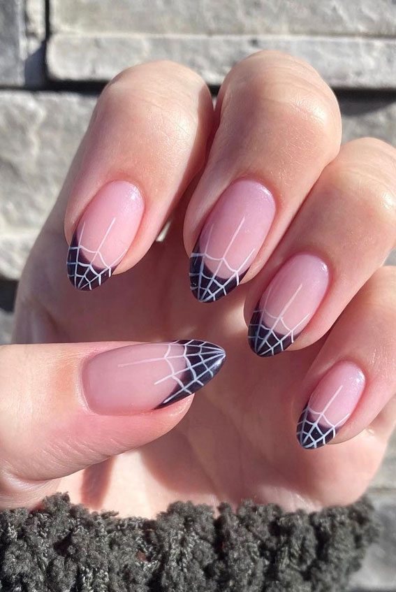 spider web french tip nails, october nails, popular nail colors fall 2021, october acrylic nails, october nail colors 2021, popular nail colors fall 2021, halloween nails 2021, halloween nail ideas 2021, halloween nails