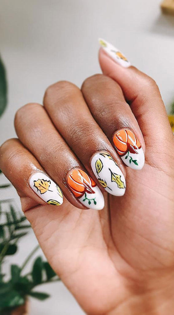 35 October Nail Art Designs : Autumn Leaf and Pumpkin Nails