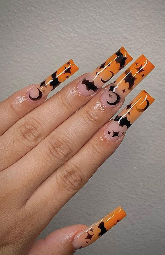 35 October Nail Art Designs : Orange Ombre Halloween Long Nails