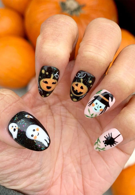 35 October Nail Art Designs : Mismatched Halloween Nails