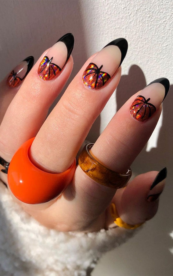 35 October Nail Art Designs : Black French Tip & Pumpkin Autumn Nails