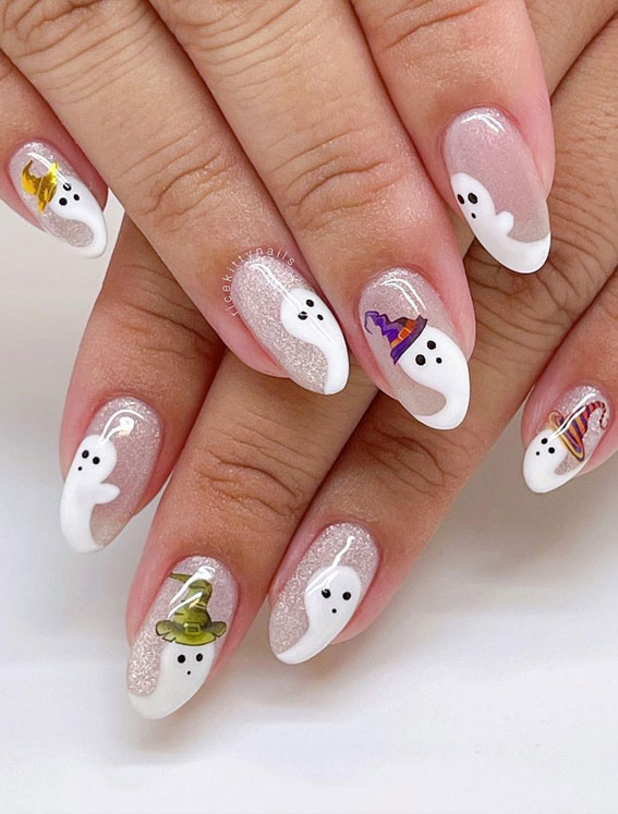 35 October Nail Art Designs : Ghost on Shimmery Nails