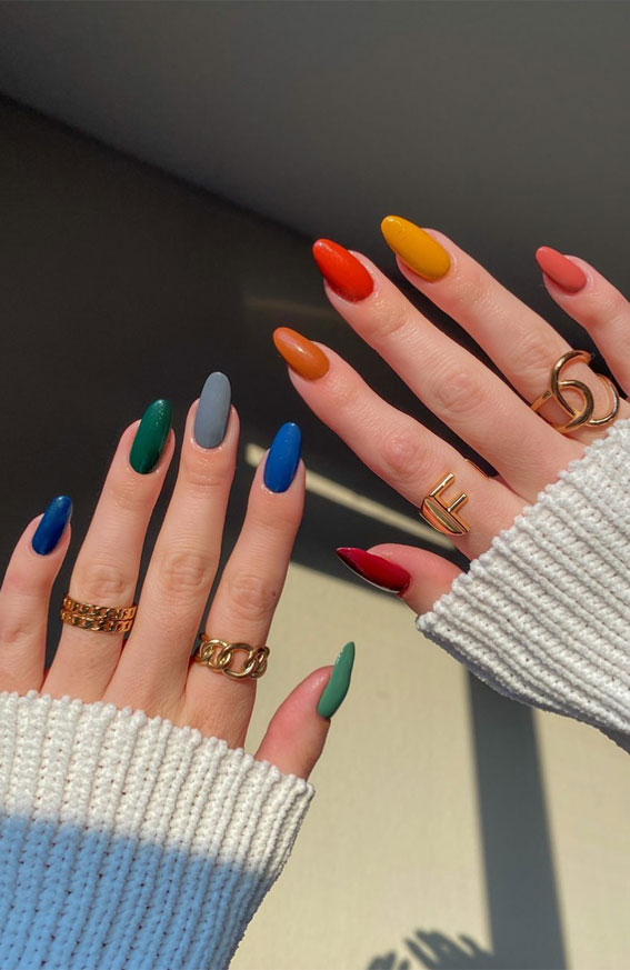 multicolor nails autumn, different color nails, october nails, popular nail colors fall 2021, october acrylic nails, october nail colors 2021, popular nail colors fall 2021, halloween nails 2021, halloween nail ideas 2021, halloween nails