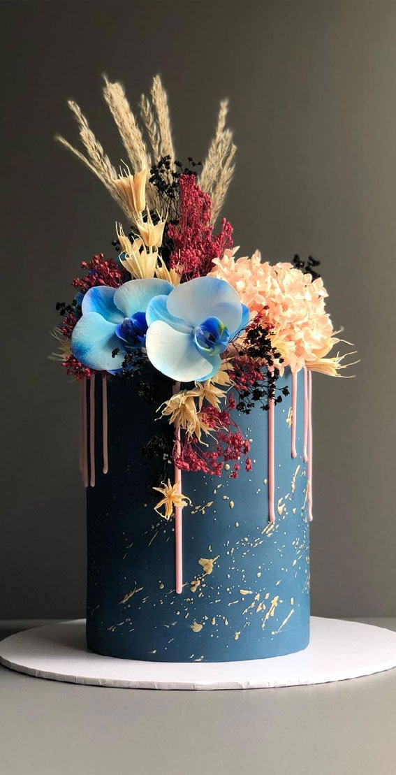 30 Pretty Cake Ideas To Inspire You : Navy Blue Cake Topped with Pretty Flowers