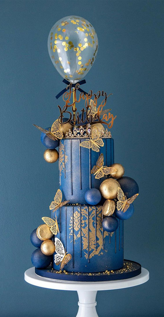 30 Pretty Cake Ideas To Inspire You : Gold Butterfly Navy Blue Birthday Cake