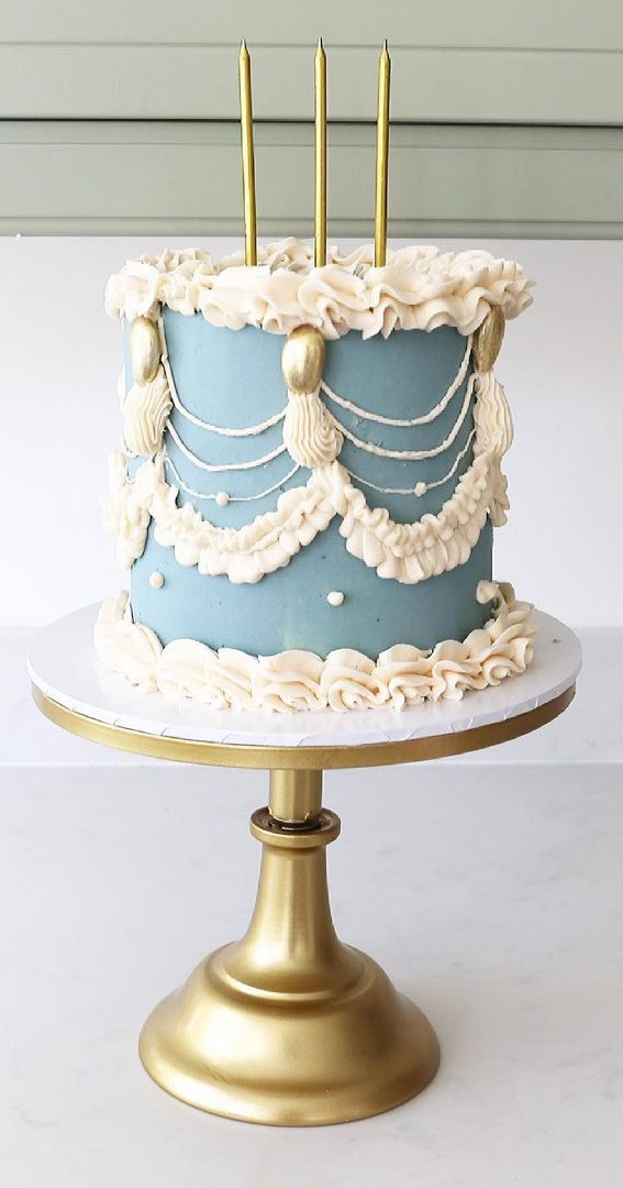 pretty cake ideas, blue cake, blue birthday cake, vintage inspired buttercream pipe, vintage pipe cake