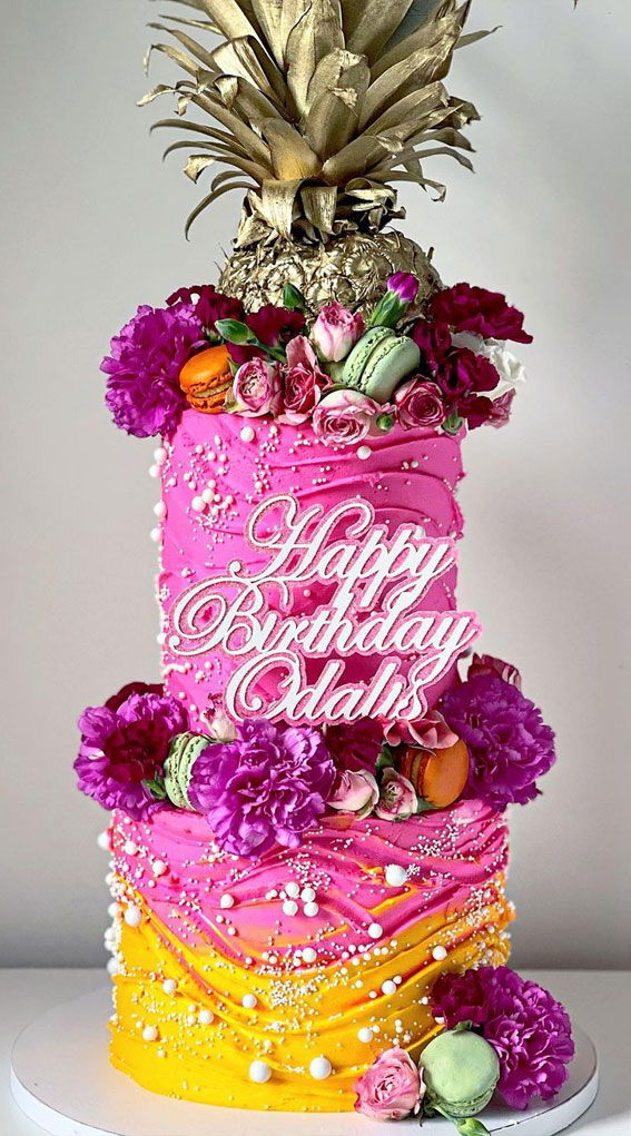 hot pink summer cake, bright birthday cake, tropical birthday cake, tropical theme birthday cake