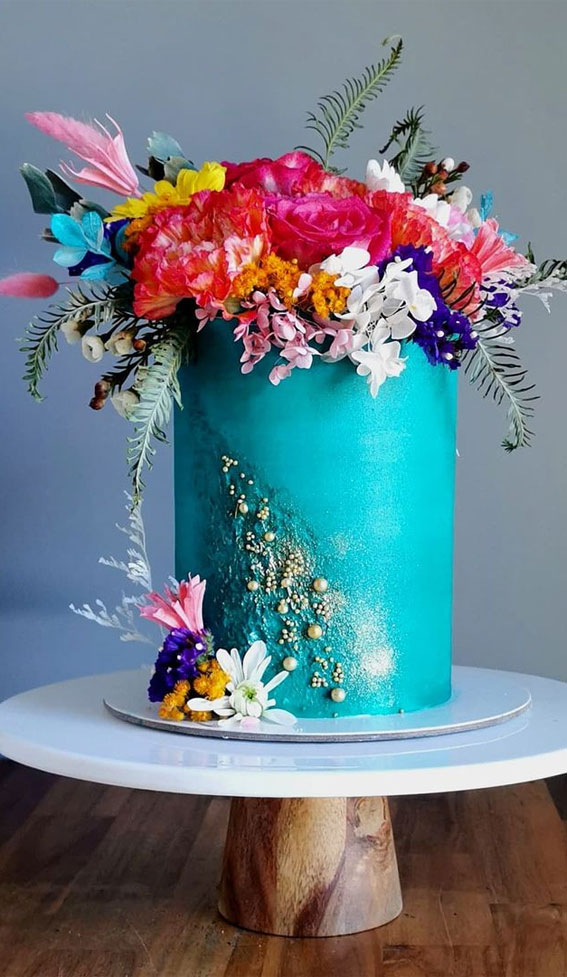 turquoise birthday cake, colorful birthday cake, birthday cake ideas 2021