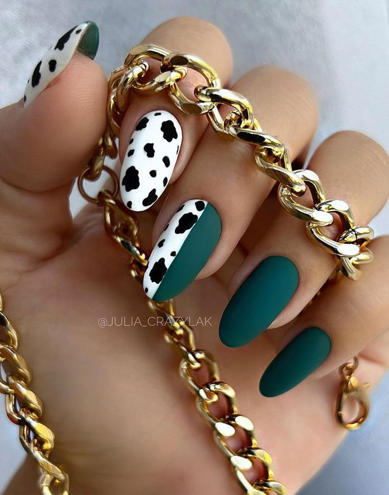 Cute Fall Nails To Help You Get Ready for Autumn Manicure : Matte Green & Cow Print Nails