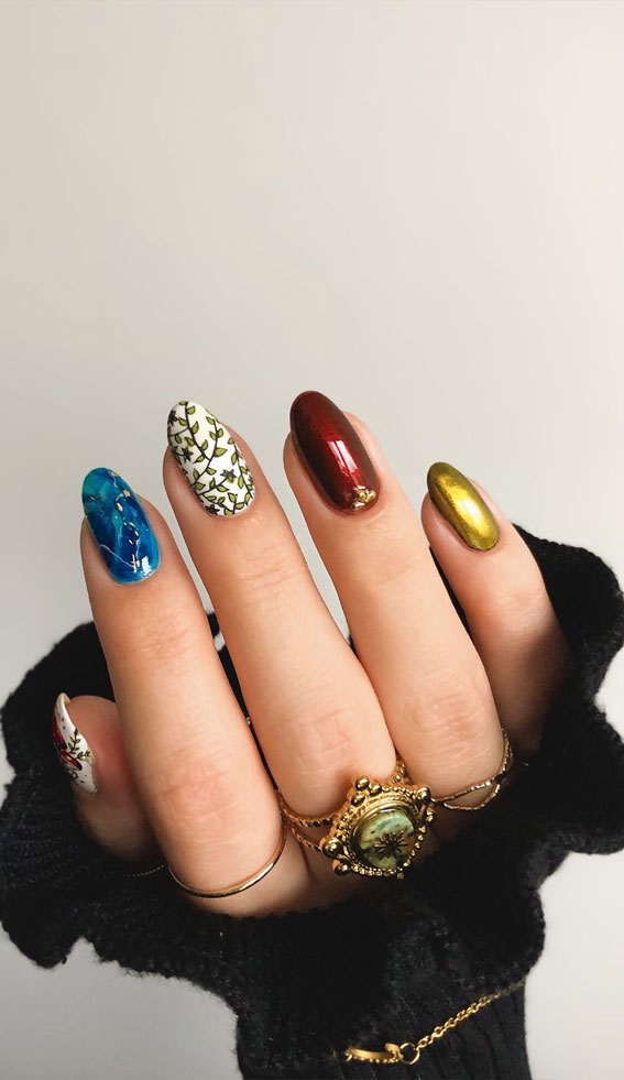 jewel toned nails, multicolored fall nails, different color nails on each finger, autumn nail colors