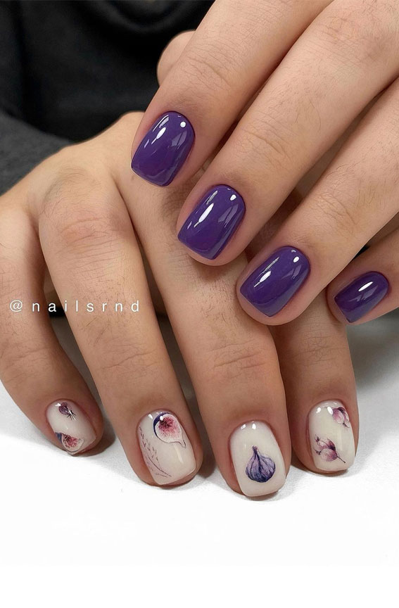 purple fall nails, purple autumn nails with flowers, flower fall nails, mix and match autumn nails, short autumn nails 2021