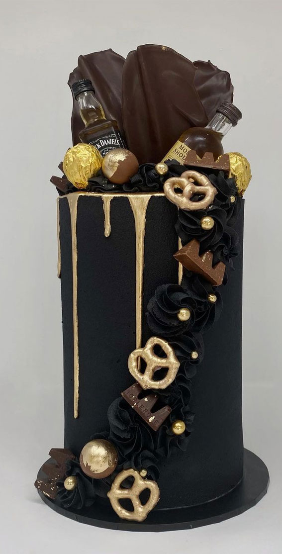 black cake with gold icing drips,  cake decorating ideas, chocolate cake decorating ideas, birthday cake, birthday cake ideas, cake designs, cute cake ideas