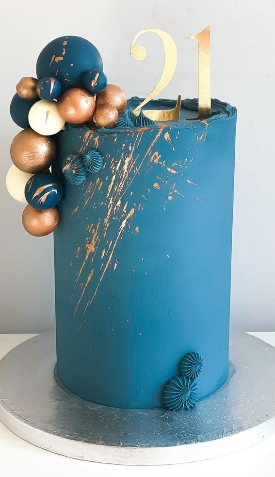 43 Cute Cake Decorating For Your Next Celebration : 21st Blue and Gold Birthday Cake