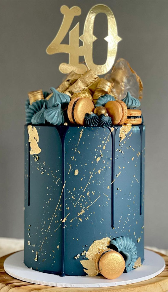 43 Cute Cake Decorating For Your Next Celebration : Blue and Gold 40th Birthday Cake