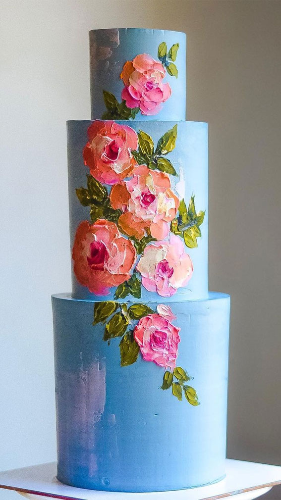 flower hand painted cake, cake decorating ideas, chocolate cake decorating ideas, birthday cake, birthday cake ideas, cake designs, cute cake ideas, blue three tier cake