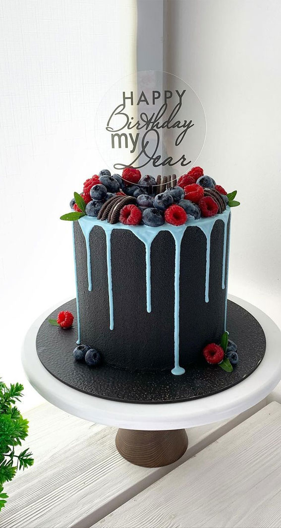 43 Cute Cake Decorating For Your Next Celebration : Black Cake with Blue Icing Drips