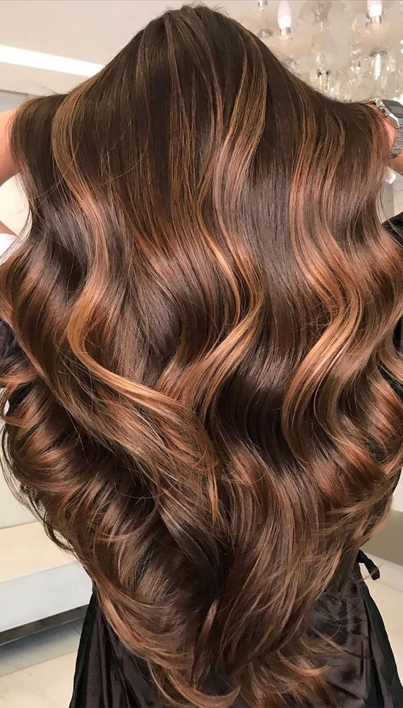 copper and honey fall hair color, brunette hair color, best fall hair color ideas 2021, copper and honey hair color, brown hair with highlights, autumn hair colour trends 2021