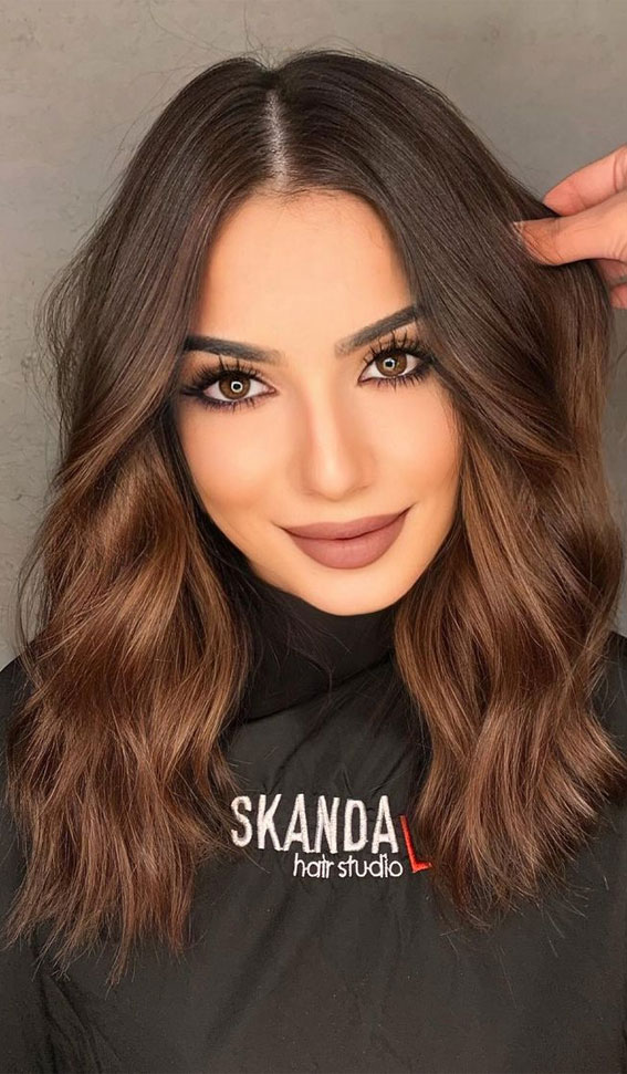 39 Best Autumn Hair Colours  & Styles For 2021 : Chocolate Brown Balayage Colour Melt