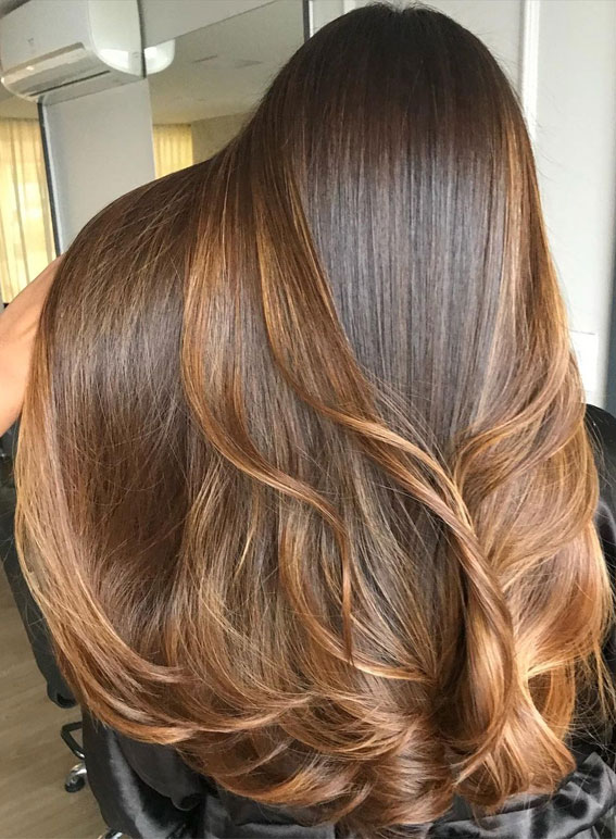 brunette hair color, best fall hair color ideas 2021, copper and honey hair color, brown hair with highlights, autumn hair colour trends 2021