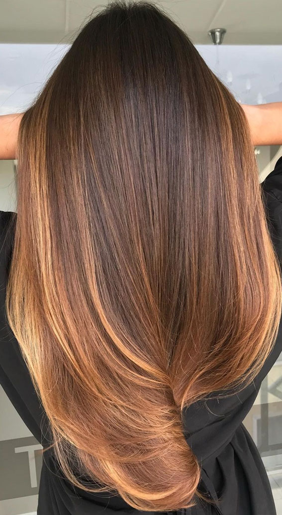 brunette hair color, best fall hair color ideas 2021, copper and honey hair color, brown hair with highlights, autumn hair colour trends 2021