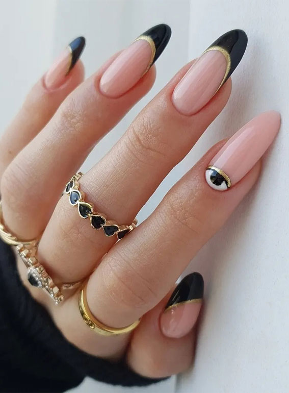 Cute Fall Nails To Help You Get Ready for Autumn Manicure : Evil Eye + Black & Gold French Tips