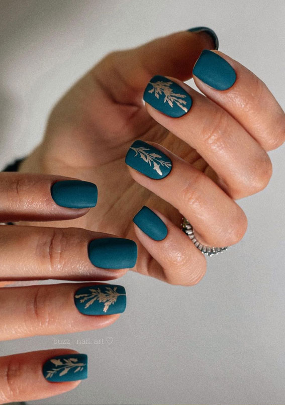 Cute Fall Nails To Help You Get Ready for Autumn Manicure : Matte Teal Nails with Gold Details