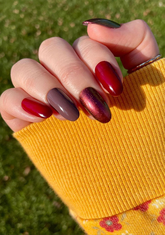 jewel toned nails, multicolored fall nails, different color nails on each finger, autumn nail colors