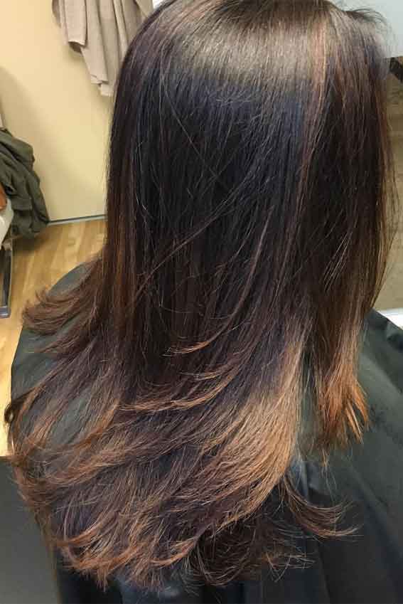 42 Best Layered Haircuts & Hairstyles : Copper Balayage and Dark Brown Layered Haircut