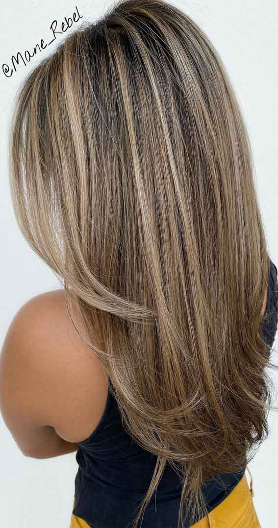 42 Best Layered Haircuts & Hairstyles : Dark Hair Balayage Subtle Layered Haircut