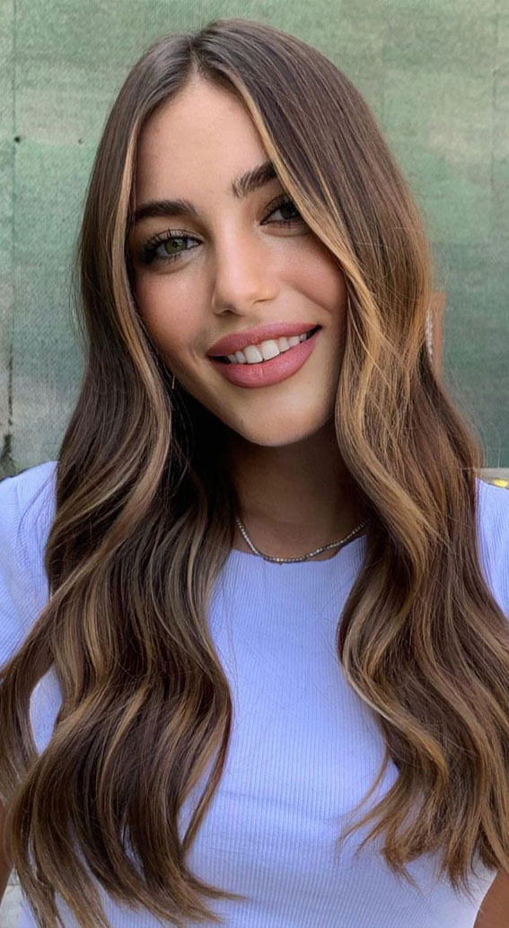 blonde face highlights, brunette hair color, best fall hair color ideas 2021, copper and honey hair color, brown hair with highlights, autumn hair colour trends 2021
