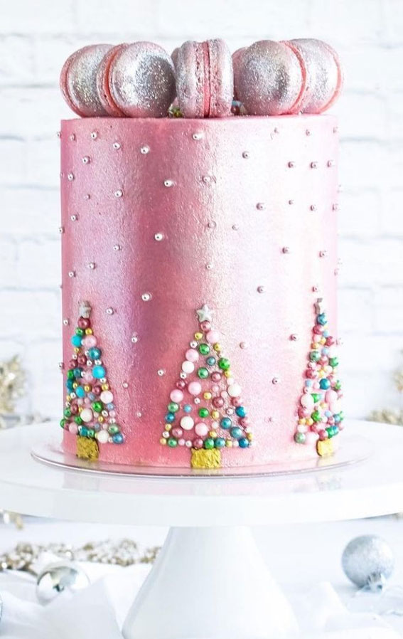 shimmery pink christmas cake ideas, christmas cakes 2021, festive cake ideas, festive cakes, holiday cakes, christmas cake images, christmas cake pictures
