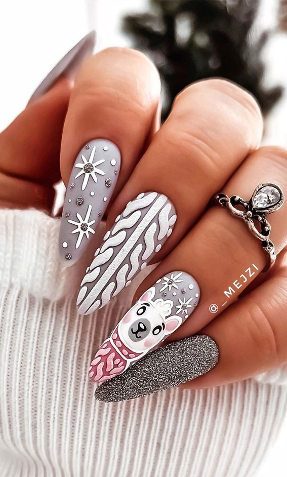 30+ Christmas and Holiday Nail Designs for Every Taste : Cable Knit, Polar Bear & Snowflake