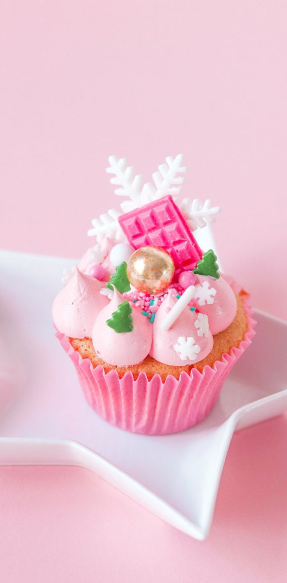 Festive Cupcakes to Add to Your Holiday Table : Pink Cupcakes Topped with Fidget Toy & Snowflake