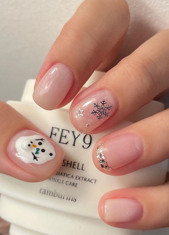 27 Charming Winter Nail Designs : Melted Snowman + Snowflake Natural Nails